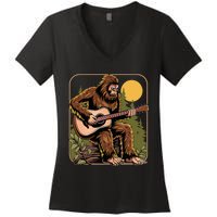 Bigfoot Sasquatch Playing Acoustic Guitar Guitarist Women's V-Neck T-Shirt