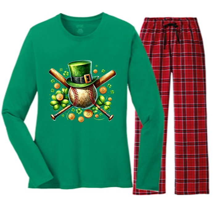 Baseball St PatrickS Day Lucky Irish Sport Clover Shamrock Gift Women's Long Sleeve Flannel Pajama Set 