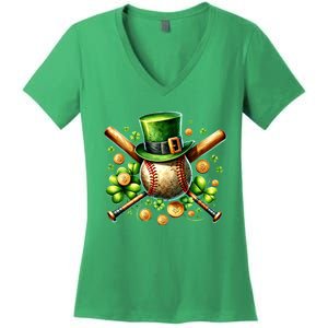 Baseball St PatrickS Day Lucky Irish Sport Clover Shamrock Gift Women's V-Neck T-Shirt