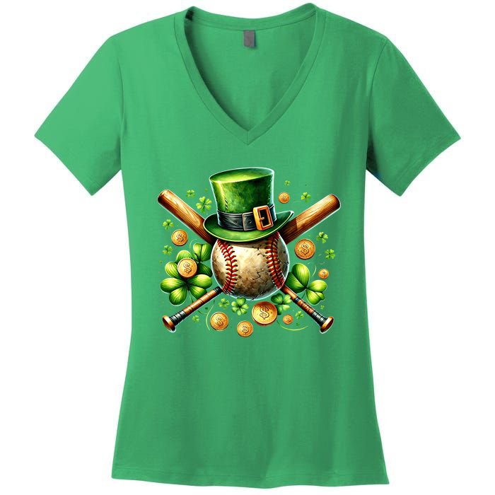 Baseball St PatrickS Day Lucky Irish Sport Clover Shamrock Gift Women's V-Neck T-Shirt