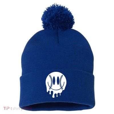 Baseball Smiley Retro Pom Pom 12in Knit Beanie