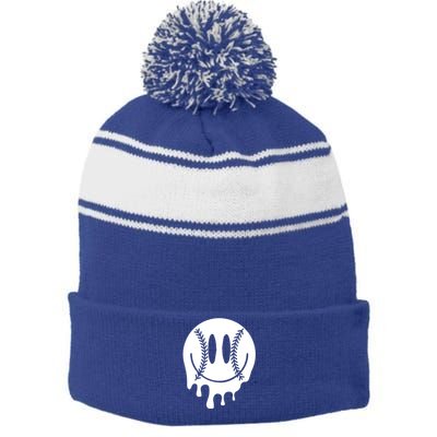 Baseball Smiley Retro Stripe Pom Pom Beanie