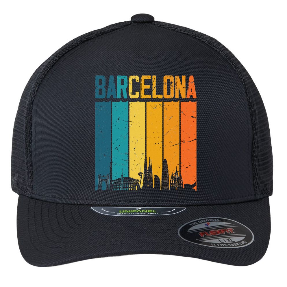 Barcelona Spain Retro Vintage Sunset Skyline Barcelona Flexfit Unipanel Trucker Cap
