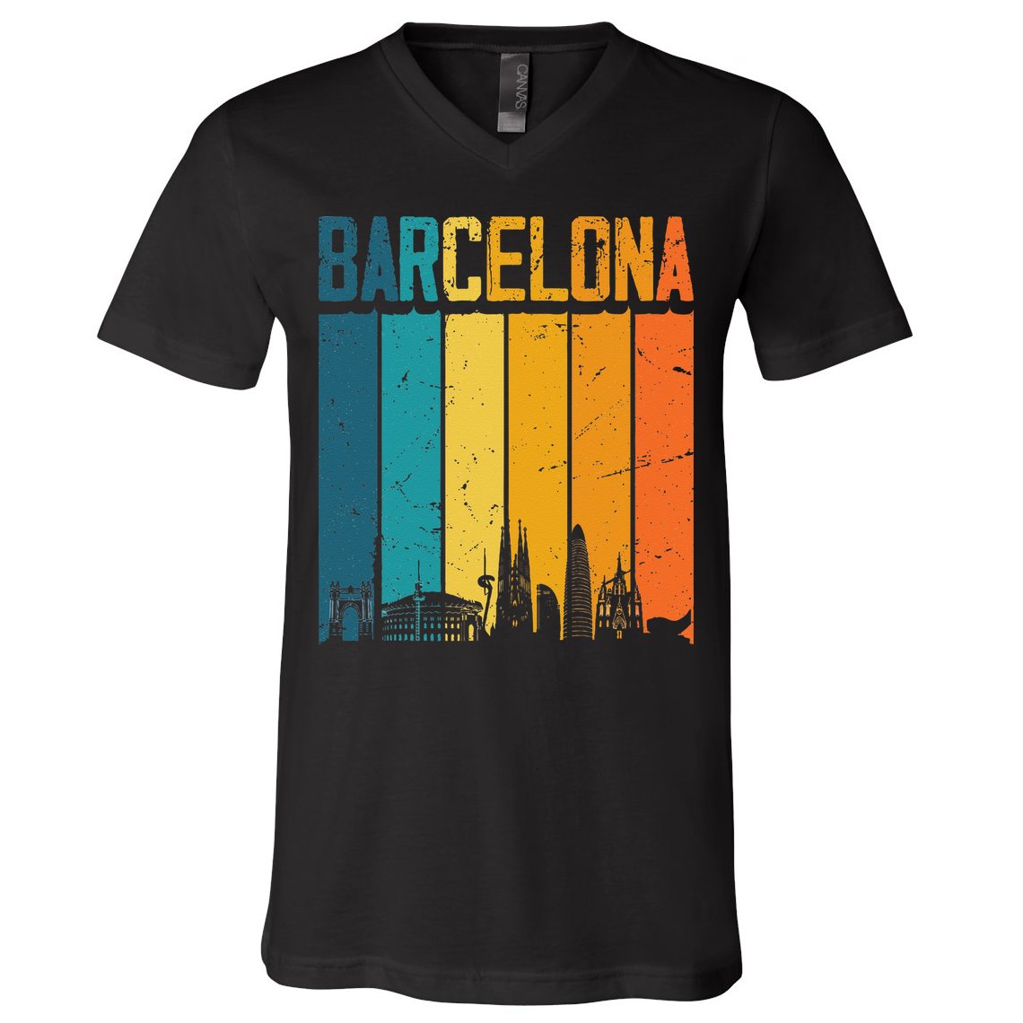 Barcelona Spain Retro Vintage Sunset Skyline Barcelona V-Neck T-Shirt