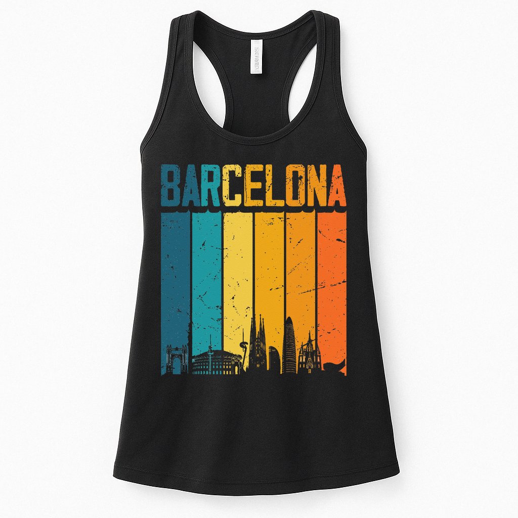 Barcelona Spain Retro Vintage Sunset Skyline Barcelona Womens Tank Top