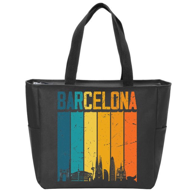 Barcelona Spain Retro Vintage Sunset Skyline Barcelona Zip Tote Bag