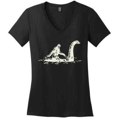 Bigfoot Sasquatch Riding The Loch Ness Monster FunnyShort Sleeve Women's V-Neck T-Shirt