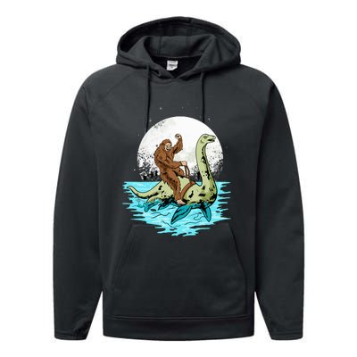 Bigfoot Sasquatch Riding The Hole Ness Monster Funny Performance Fleece Hoodie