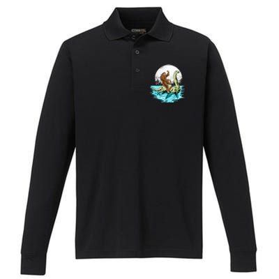 Bigfoot Sasquatch Riding The Hole Ness Monster Funny Performance Long Sleeve Polo