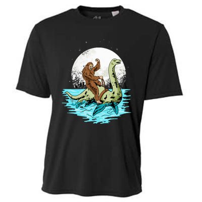 Bigfoot Sasquatch Riding The Hole Ness Monster Funny Cooling Performance Crew T-Shirt