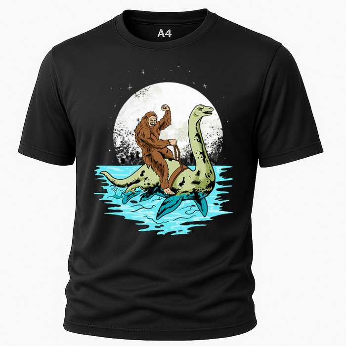 Bigfoot Sasquatch Riding The Hole Ness Monster Funny Cooling Performance Crew T-Shirt