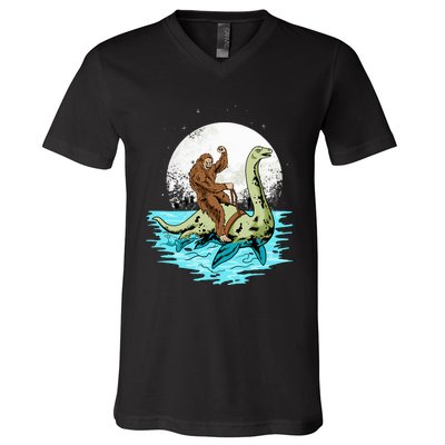 Bigfoot Sasquatch Riding The Hole Ness Monster Funny V-Neck T-Shirt