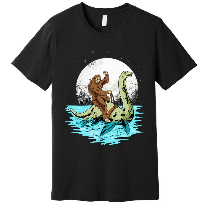 Bigfoot Sasquatch Riding The Hole Ness Monster Funny Premium T-Shirt