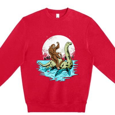 Bigfoot Sasquatch Riding The Hole Ness Monster Funny Premium Crewneck Sweatshirt