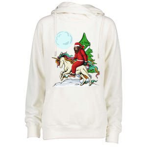 Bigfoot Santa Riding Unicorn Tree Lights Happy Christmas Gift Womens Funnel Neck Pullover Hood