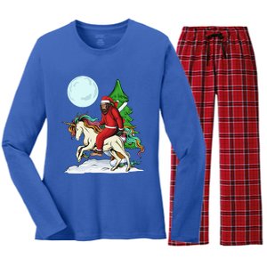 Bigfoot Santa Riding Unicorn Tree Lights Happy Christmas Gift Women's Long Sleeve Flannel Pajama Set 