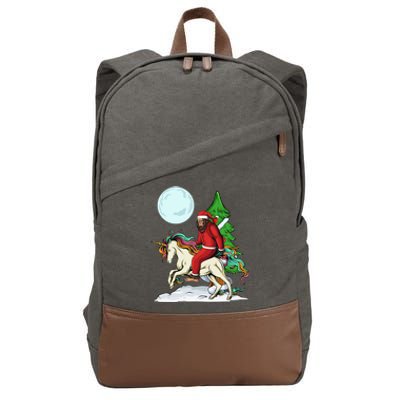 Bigfoot Santa Riding Unicorn Tree Lights Happy Christmas Gift Cotton Canvas Backpack