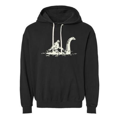 Bigfoot Sasquatch Riding The Loch Ness Monster FunnyShort Sleeve Garment-Dyed Fleece Hoodie