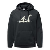 Bigfoot Sasquatch Riding The Loch Ness Monster FunnyShort Sleeve Performance Fleece Hoodie