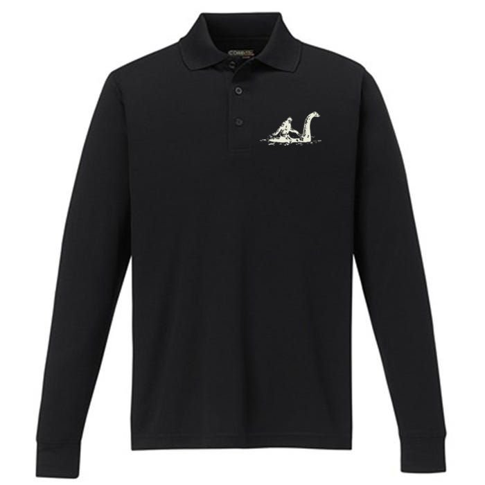 Bigfoot Sasquatch Riding The Loch Ness Monster FunnyShort Sleeve Performance Long Sleeve Polo