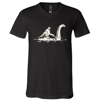 Bigfoot Sasquatch Riding The Loch Ness Monster FunnyShort Sleeve V-Neck T-Shirt