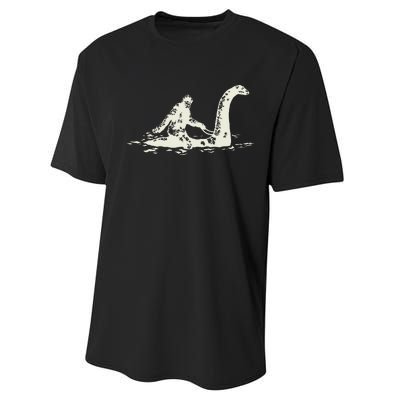 Bigfoot Sasquatch Riding The Loch Ness Monster FunnyShort Sleeve Performance Sprint T-Shirt