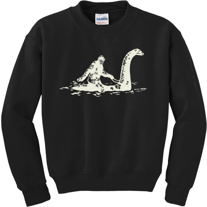 Bigfoot Sasquatch Riding The Loch Ness Monster FunnyShort Sleeve Kids Sweatshirt