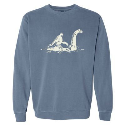 Bigfoot Sasquatch Riding The Loch Ness Monster FunnyShort Sleeve Garment-Dyed Sweatshirt