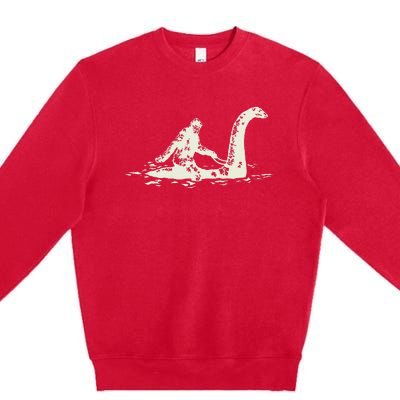 Bigfoot Sasquatch Riding The Loch Ness Monster FunnyShort Sleeve Premium Crewneck Sweatshirt