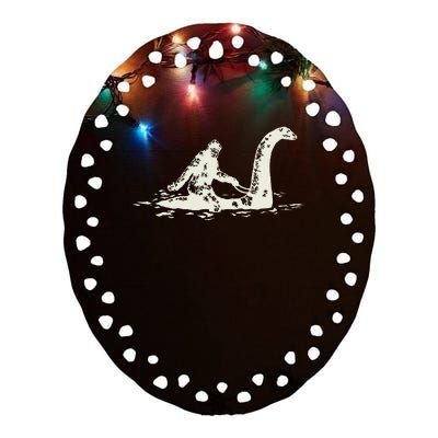 Bigfoot Sasquatch Riding The Loch Ness Monster FunnyShort Sleeve Ceramic Oval Ornament