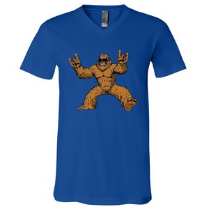 Bigfoot Sasquatch Rock On V-Neck T-Shirt