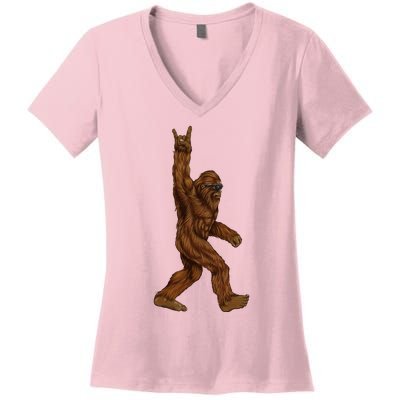 Bigfoot Sasquatch Rock and Roll Sunglasses Rock On Women's V-Neck T-Shirt