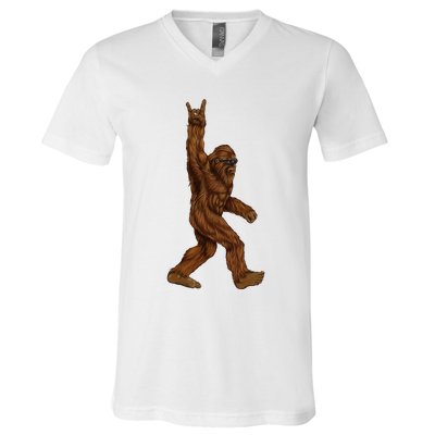 Bigfoot Sasquatch Rock and Roll Sunglasses Rock On V-Neck T-Shirt