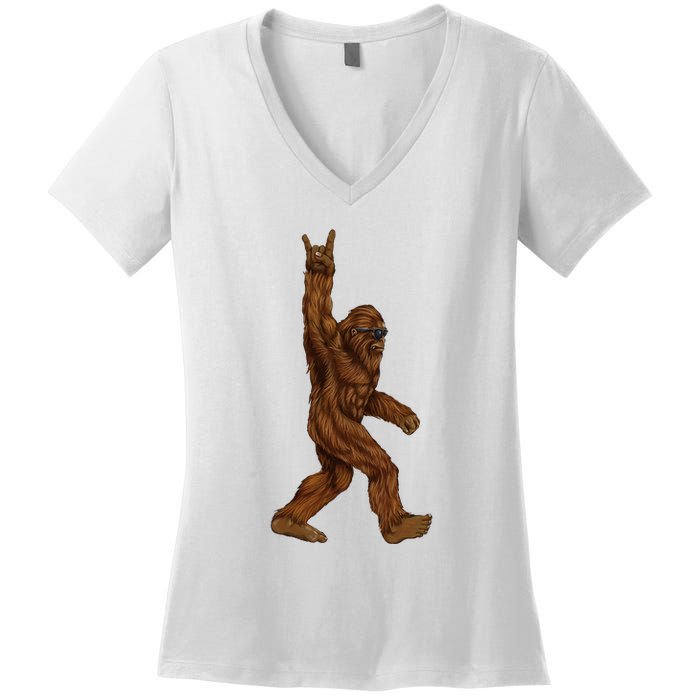 Bigfoot Sasquatch Rock and Roll Sunglasses Rock On Women's V-Neck T-Shirt