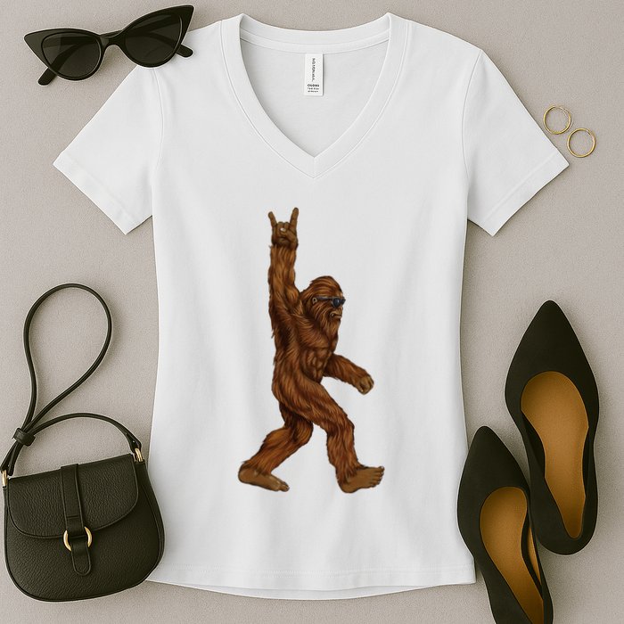 Bigfoot Sasquatch Rock and Roll Sunglasses Rock On Women's V-Neck T-Shirt