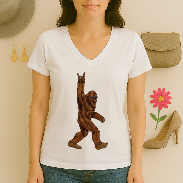 Bigfoot Sasquatch Rock and Roll Sunglasses Rock On Women's V-Neck T-Shirt