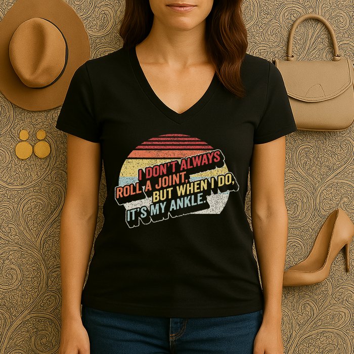 Bag Some Rays I Don't Always Roll A Joint, But When I Do, It's My Ankle. Retro Modern Black Women's V-Neck T-Shirt