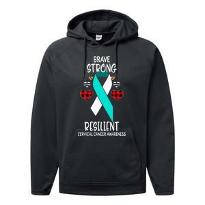 Brave Strong Resilient Cervical Cancer Awareness Ribbon Performance Fleece Hoodie