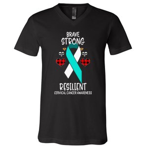 Brave Strong Resilient Cervical Cancer Awareness Ribbon V-Neck T-Shirt