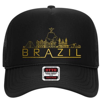 Brazil Skyline Rio De Janeiro Brasil Brasilian Souvenir High Crown Mesh Back Trucker Hat