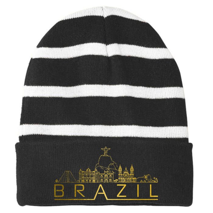 Brazil Skyline Rio De Janeiro Brasil Brasilian Souvenir Striped Beanie with Solid Band