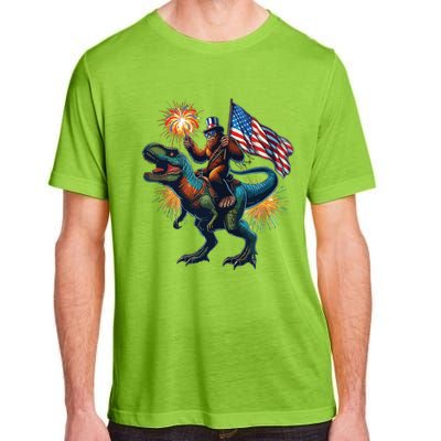 Bigfoot Sasquatch Riding Dinosaur T Rex Funny 4th Of July Adult ChromaSoft Performance T-Shirt