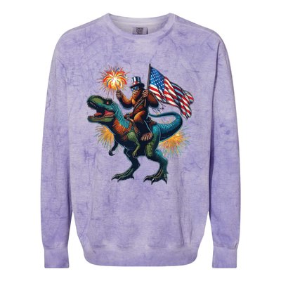 Bigfoot Sasquatch Riding Dinosaur T Rex Funny 4th Of July Colorblast Crewneck Sweatshirt