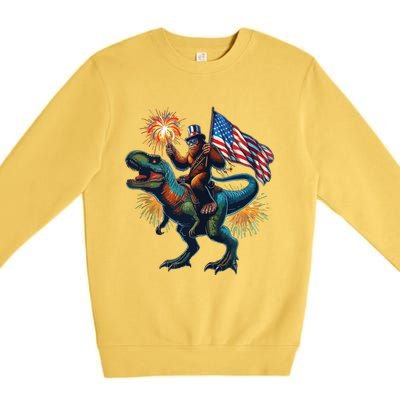 Bigfoot Sasquatch Riding Dinosaur T Rex Funny 4th Of July Premium Crewneck Sweatshirt