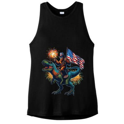 Bigfoot Sasquatch Riding Dinosaur T Rex Funny 4th Of July Ladies PosiCharge Tri-Blend Wicking Tank