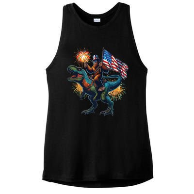 Bigfoot Sasquatch Riding Dinosaur T Rex Funny 4th Of July Ladies PosiCharge Tri-Blend Wicking Tank