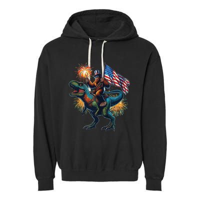 Bigfoot Sasquatch Riding Dinosaur T Rex Funny 4th Of July Garment-Dyed Fleece Hoodie