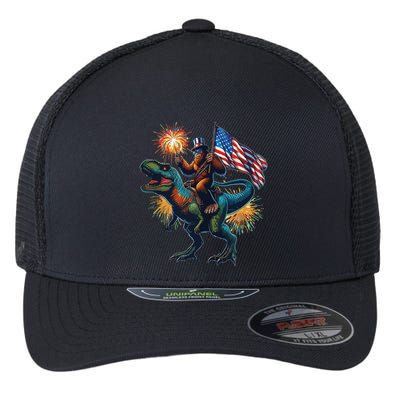 Bigfoot Sasquatch Riding Dinosaur T Rex Funny 4th Of July Flexfit Unipanel Trucker Cap