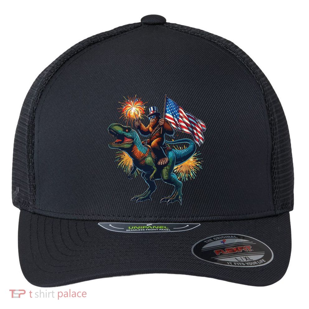 Bigfoot Sasquatch Riding Dinosaur T Rex Funny 4th Of July Flexfit Unipanel Trucker Cap