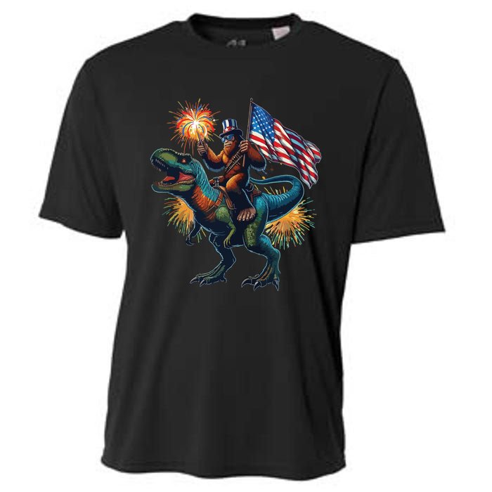 Bigfoot Sasquatch Riding Dinosaur T Rex Funny 4th Of July Cooling Performance Crew T-Shirt